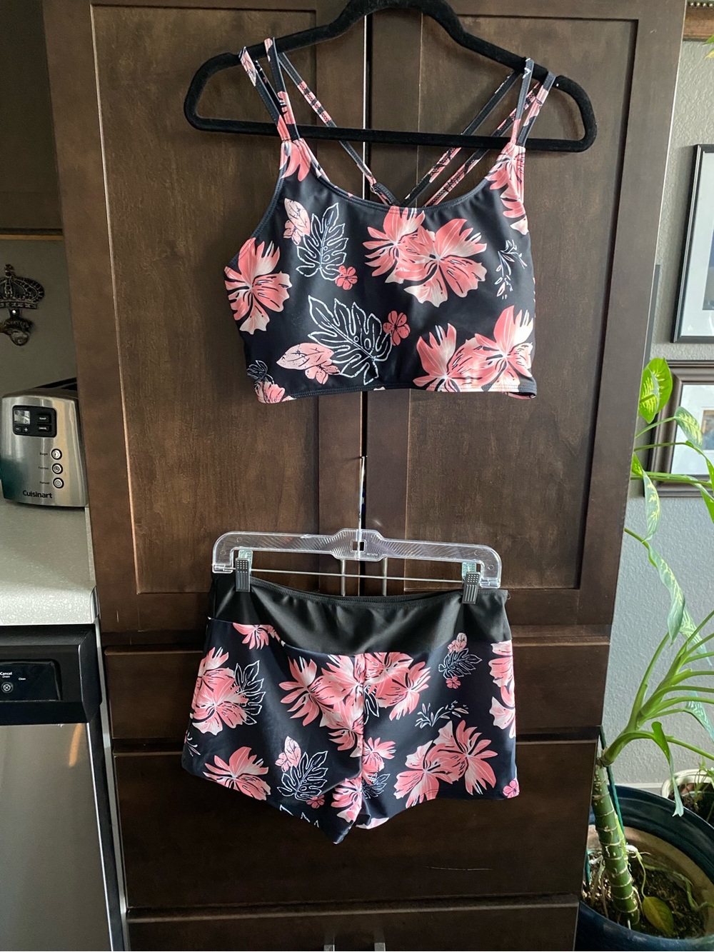 Isola Black & Pink Floral Swim Top and Shorts Set.    NEW